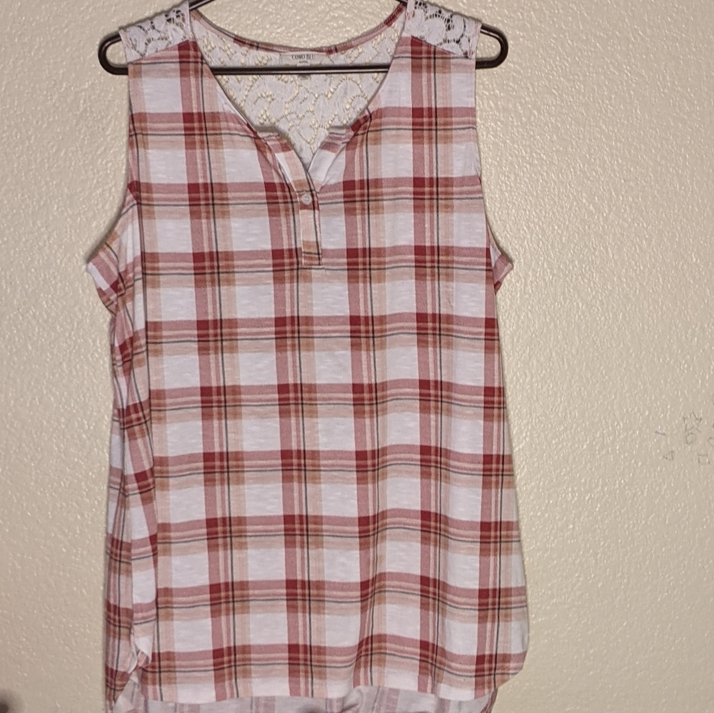 Red & white Plaid, no sleeve blouse w/half lace